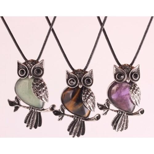 24pcs Vintage Natural Stone Cute Owl Animal Pendants Necklaces Carnelian Amethysts Quartz Bead Charm Reiki Jewelry Free Shipping