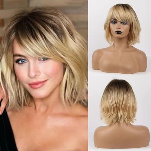 50% human hair & 50% high quality synthetic Wig Medium Length Curly Natural Wave Asymmetrical Side Part With Bangs Blonde Women