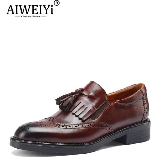 AIWEIYi British College Style Carved Tassel Single Shoes Women Retro Genuine Leather Shoes Flat Loafers Woman