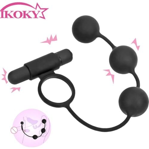 IKOKY 10 Speed Vibrator Penis Ring with Anal Bead Butt Plug 3 Balls Erotic Sex Toys for Men Male Masturbation Prostate Massager