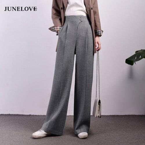 JuneLove Womens Wide Leg Pants High Waist Zipper Pocket Long Trousers Spring Autumn Female 2021 Fashion Office Lady Clothing