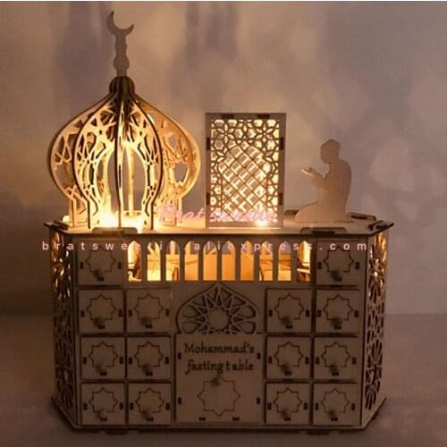 Wooden Mohammads Fasting Table LED Lantern EID Mubarak Countdown Calendar with Lights Ramadan Kareem Decoration for Home