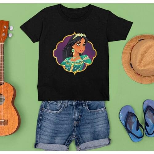 Princess Jasmine Series T-shirt Summer Black Tee Printing Children Clothes Kawaii Disney Loose Baby Girl Boy Kid T Shirt Pattern