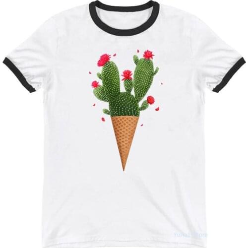Cute Cactus Ice Cream Print Tshirt Women Red Flowers T-Shirt Femme White Short Sleeve T Shirt Female Harajuku Kawaii Clothes