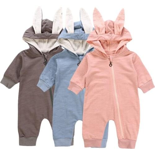 Unisex Newborn Baby Clothes Long Sleeve Autumn Hoodies Romper Coat Lovey Rabbit Long Ears Costume Front Open Zipper Jumpsuit