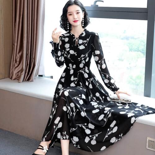 M-4xl Vintage Summer Women Floral Dress Print Long Sleeve A-line Stand-up Collar Chiffon Mesh Retro Cocktail Dresses 5643