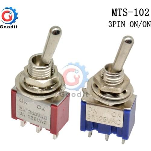 Miniature Toggle Switch Single Pole Double Throw SPDT ON-ON 120V AC 5A 6A Contact 1/4 Inch Mounting 3 Position MTS-102