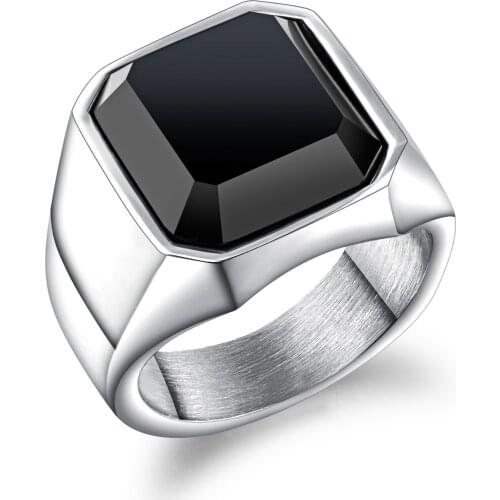Megin D Simple Style Retro Stainless Steel Inlaid Stone Mens Ring Geometric Shape for Men Father Friend Gift Fashion Jewelry