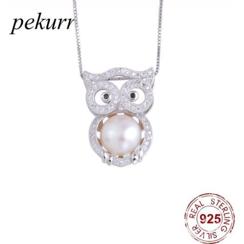Pekurr 925 Sterling Silver Big Crystal Owl Natural Freshwater Pearl Necklaces For Women Pendants Party Fashion Jewelry Gift