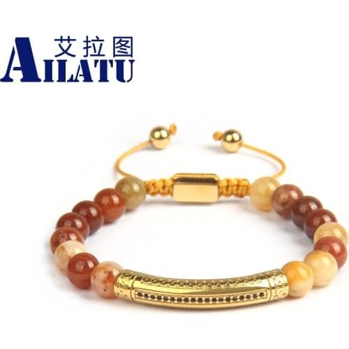 Ailatu Stainless Steel Gold Tube Bar Braiding Bracelets with 8mm Natural Lapis Stone Beads Mix Colors Couples Jewelry
