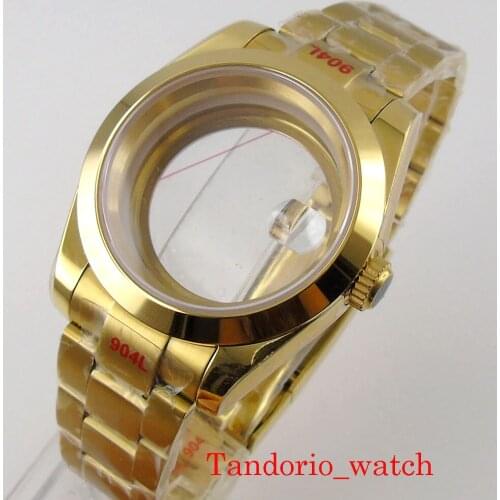 39mm Bliger Luxury Yellow Gold Polished Bezel Watch Case Sapphire Glass Fit NH35 NH36 MIYOTA 8215 Movement Oyster Bracelet