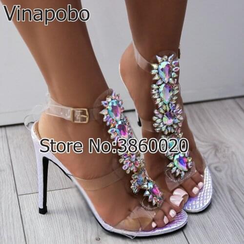 Vinapobo New Summer Gladiator sandals women Buckle Strap Blue Crystal Chain Transparent PVC High Heel Open Toe Sexy Sandals Shoe