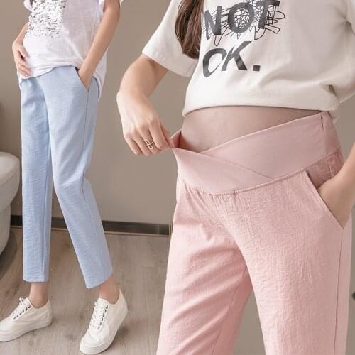 922# Spring Summer Thin Cotton Linen Maternity Pants 9/10 Elastic Waist Belly Casual Pants Clothes for Pregnant Women Pregnancy