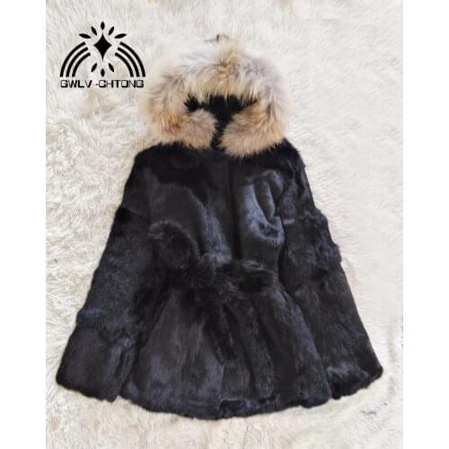 100% Real genuine natural full pelt whole skin rabbit fur coat with raccoon fur hood women fashion jacket custom any size