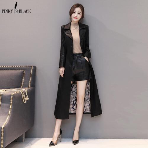 PinkyIsBlack New Arrival 2018 Winter Autumn Motorcycle leather jackets X-long turn down collar leather jacket women leather coat