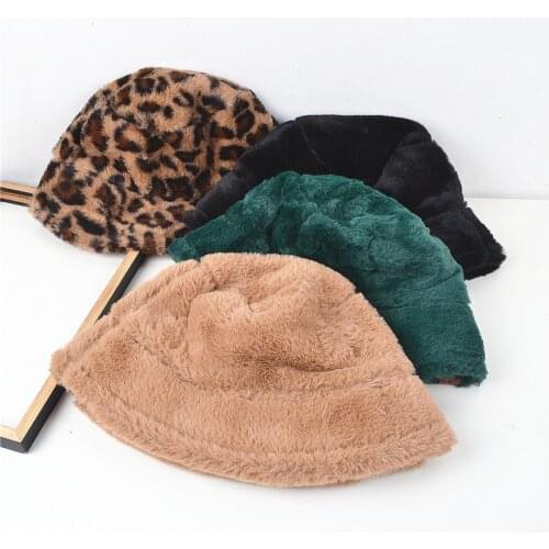 Winter Cow Leopard Print Faux Fur Plush Bucket Hats For Women Outdoor Warm Hat Soft Velvet Fisherman Cap Fashion Panama