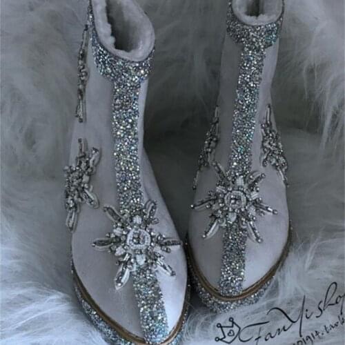 New handmade fashion pointed inside heightening plus velvet warm beaded snowflake rhinestone female snow boots boots