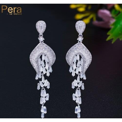 Pera Elegant Big Tassel Drop Style Cubic Zirconia Stones Women Long Evening Party Earrings With Silver Colour Jewelry E003