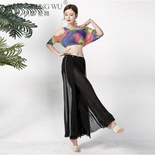 Belly Dance Clothing Womens New Short Tops Summer Practice Sexy Slim Slimming Yarn Dress Wide Leg Pants Performance Clothing