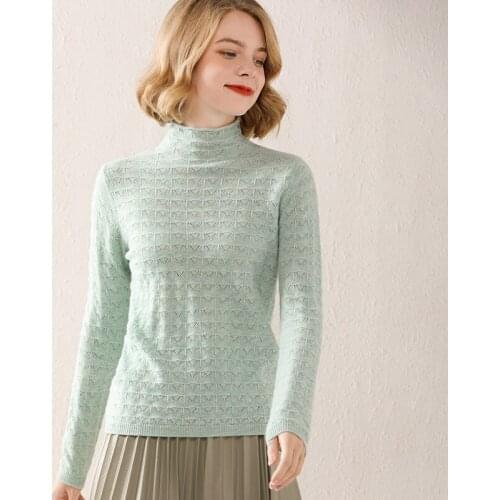 Turtleneck 100% Pure Wool Sweater Womens Pullover Top 21 Autumn Winter Self-Cultivation Western Style Hollow Knitting All-Match
