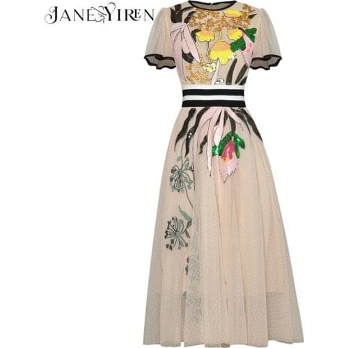Janeyiren 2021New Fashion Runway Summer Vintage Party Dress Women Short sleeve Elastic waist Sequins Embroidered Mesh Midi Dress