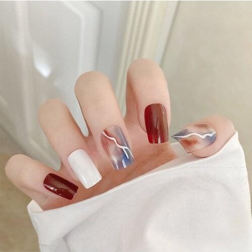 24pcs/Set Fashion Lightning Pattern Fake Nails Square Middle Long White Wine Red Fingernail Decals Full Nail Art Tips with Glue