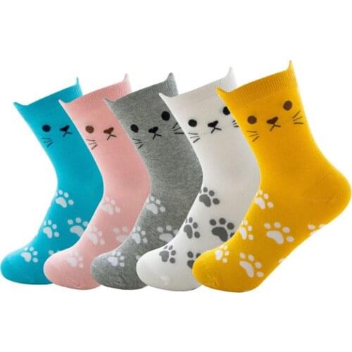 5 Pairs Women Cartoon Meow Cat Cotton Crew Socks 3D Ears Paw Print Hosiery Gift