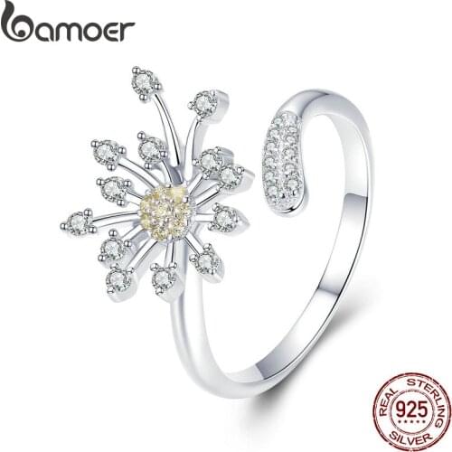BAMOER Authentic 925 Sterling Silver Blooming Dandelion Love CZ Adjustable Rings for Women Wedding Engagement Jewelry SCR471