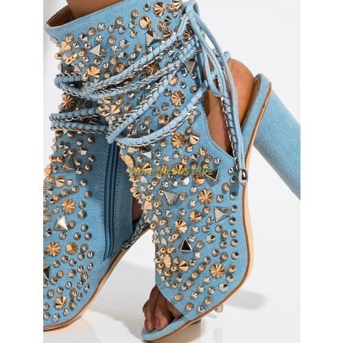 New Arrivals Peep Toe Lace Up Booties Block Heel Crystal Blue Suede Open Heel Runway Autumn Winter Ankle Booties
