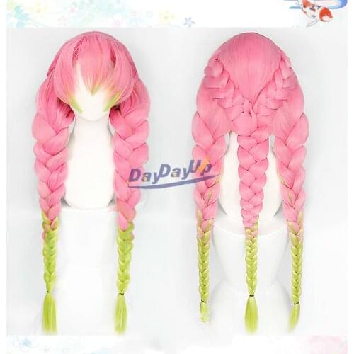 Demon Slayer Kimetsu No Yaiba Kanroji Mitsuri Pink Green Braided Cosplay Synthetic Hair Halloween Party Carnival + Free Wig Cap
