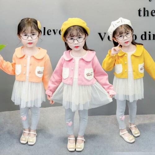 Spring Autumn Outfits Baby Girls Clothes Cute Infant Cotton Suits Coat Jacket t-shirt with Yarn skirt Pants 3pcs Kids Clothing