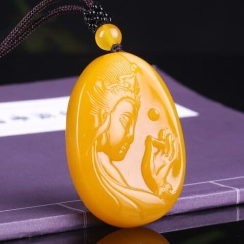 Chinese Yellow Jade Guanyin Pendant Necklace Charm Jewellery Fashion Accessories Hand-Carved Man Woman Luck Amulet sweater chain