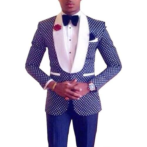 Two Pieces Royal Blue Mens Polka Dots Groomsmen Shawl Lapel Mens Suit For Wedding Bridegroom Tuxedo Prom (Blazer+Pants)