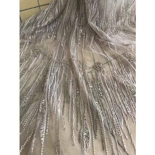 Beautiful embroidery french net tulle mesh lace fabric SYJ-596812 with heavy beads Top quality for party dress