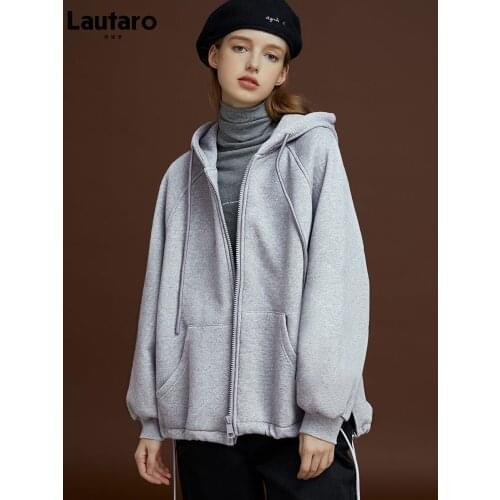 Lautaro Spring Gray Sweatshirts Streetwear 2021 New Fashion for Women Long Raglan Sleeve Oversized Y2k Zip Up Hoodie Fashion