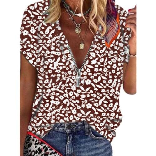 Summer Shirts Short Sleeve V Neck Women Blouse Comfy Floral Print Zipper Casual Tee Shirt Pullover Top T-shirt Women 2021