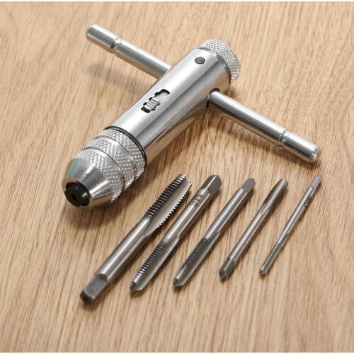 M3-M8 T-Handle Ratchet Tap Wrench Machinist Tool + 5pcs Screw Tap Hand Tap Drill Tapping Tool Set Hand Tools M3/M4/M5/M6/M8