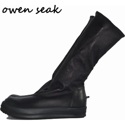 Owen Seak Men Sock Shoes Knee High Boots Sheepskin Leather Luxury Trainers Winter Casual Sneaker Flats Shoes Black Big Size