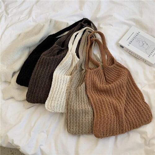 New Wool Knitted Shoulder Shopping Bag for Women 2021 Vintage Fashion Cotton Cloth Girls Tote Shopper Bag Large Female Handbag
