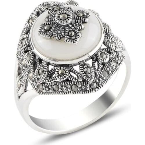 Silver 925 Sterling Pearl & Marcasite Ring