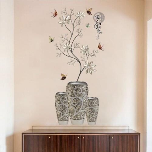 Chinese Style Silver Vase Flower Wall Stickers Art Tree Home Decor Vinyl DIY Wall Decals Potted Plant Rooms Decoration Aesthetic