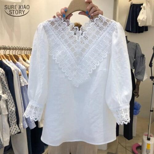 Sweet Lace Stitching V-neck Womens Tops and Blouses Long Sleeve Spring Tops Korean Style Solid Cotton Shirt Women Blusas 13527
