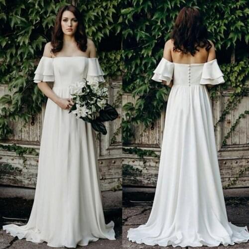 2021 Modern Simple On Sale Bridal Wedding Dresses Chiffon Off Shoulder Sleeves Strapless Wedding Gowns for Bride Sweep Train