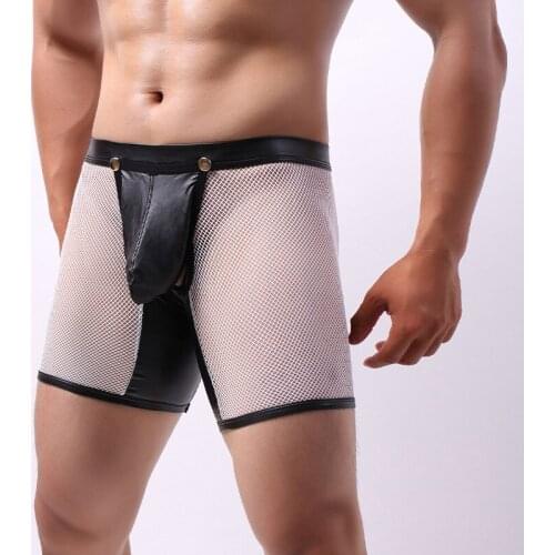 Men Shorts Mesh Transparent PU Leather Button Open Crotch Boxer Shorts Lingerie Open Butt Gay Panties Wetlook Clubwear Plus Size