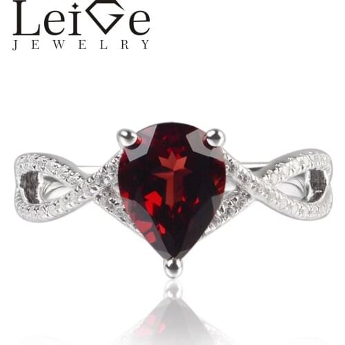 LeiGe Jewelry Natural Garnet Red Color Gemstone Prong Setting Pear Cut Classic Rings For Woman January Birthstone 925 Silver