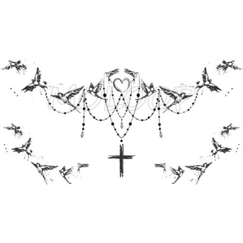 Cross Bird Temporary Tattoo Stickers Love Heart Necklace Flower Chest Back Fake Tatoo Makeup Breast Art for Woman Girl