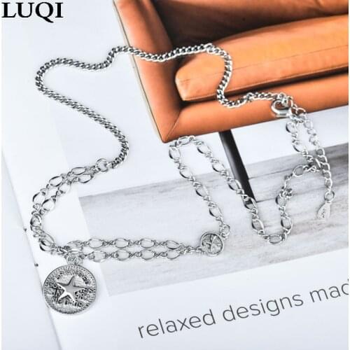 Womens Fashion S925 Silver Vintage Round Brand Five-Star Pendant Trendy Personality Necklaces XZ040