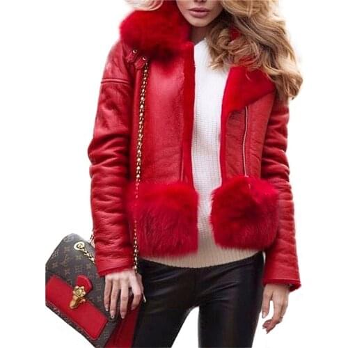 Women Winter Genuine Sheep Leather Jacket Real Fox Fur Collar Coat Fashion Warm Natural Sheepskin Leather Merino Lamb Fur Coat