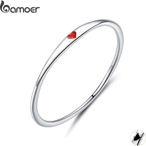 Bamoer Sterling Silver 925 Tiny Red Enamel Heart Finger Rings for Women Circle Slim Fashion Jewelry Bijoux 2019 New SCR620