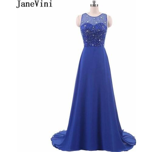 JaneVini Sexy Long Royal Blue Bridesmaid Dresses Scoop Neck Beaded Backless Chiffon Dress A Line Sweep Train Formal Prom Gowns